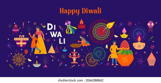 illustration of burning diya on Happy Diwali Holiday background for light festival of India