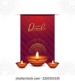 Illustration of burning diya on happy diwali holiday background