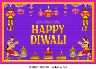 illustration of burning diya on Happy Diwali Holiday kitsch Truck style background for light festival of India