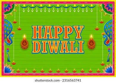 illustration of burning diya on Happy Diwali Holiday kitsch Truck style background for light festival of India