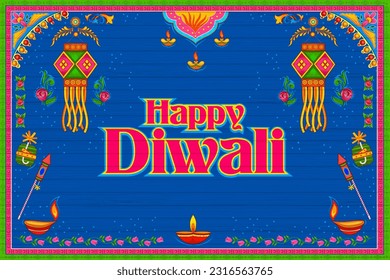 illustration of burning diya on Happy Diwali Holiday kitsch Truck style background for light festival of India
