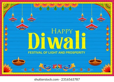 illustration of burning diya on Happy Diwali Holiday kitsch Truck style background for light festival of India