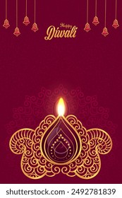 illustration of burning diya on Happy Diwali red background for light festival of India