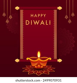 Illustration of burning diya on happy diwali holiday background. Design for greeting, invitation, banner and social media