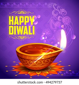 illustration of burning diya on happy Diwali Holiday background for light festival of India