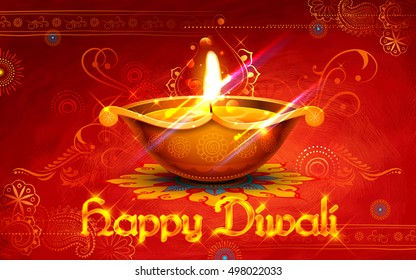 illustration of burning diya on Happy Diwali Holiday background for light festival of India
