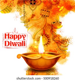 ilustração de queima diya no fundo aquarela feliz Diwali Holiday para o festival de luz da Índia