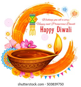 illustration of burning diya on Happy Diwali Holiday watercolor background for light festival of India