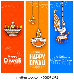 illustration of burning diya on happy Diwali Holiday background for light festival of India