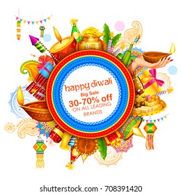 illustration of burning diya on Happy Diwali Holiday Sale promotion advertisement background for light festival of India