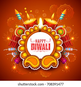 illustration of burning diya on Happy Diwali Holiday background for light festival of India