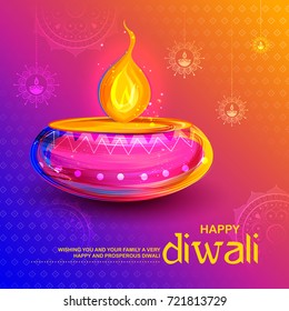 illustration of burning diya on Happy Diwali Holiday background for light festival of India