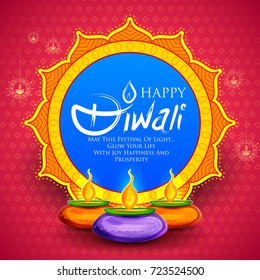 illustration of burning diya on Happy Diwali Holiday background for light festival of India