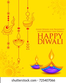 illustration of burning diya on Happy Diwali Holiday background for light festival of India