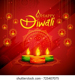 illustration of burning diya on Happy Diwali Holiday background for light festival of India