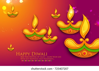 illustration of burning diya on Happy Diwali Holiday background for light festival of India