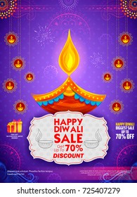 illustration of burning diya on Happy Diwali Holiday Sale promotion advertisement background for light festival of India