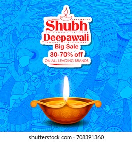 illustration of burning diya on Shubh Deepawali meaning Happy Diwali Holiday Sale promotion advertisement background for light festival of India