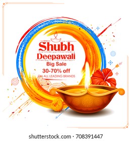 illustration of burning diya on Shubh Deepawali meaning Happy Diwali Holiday Sale promotion advertisement background for light festival of India