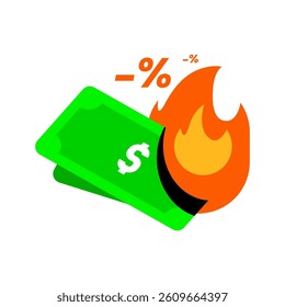 illustration of a burning dollar bill with a minus percent symbol. concept of financial loss, inflation, economic crisis, devaluation of currency, or failed investment