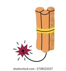 Illustration of a burning dynamite bundle with a sparkling fuse in a handdrawn flat style. Creative design of explosive sticks tied together, symbol of danger, deadline, or power, isolated on white background