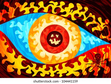 Illustration of burning eye - chaos symbol.