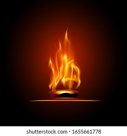 Illustration of burning fire flame on black background, fire cauldron, ancient olympic symbol, vector template.