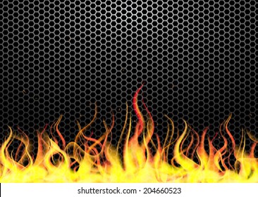 illustration of burning fire flame on metal mesh black background