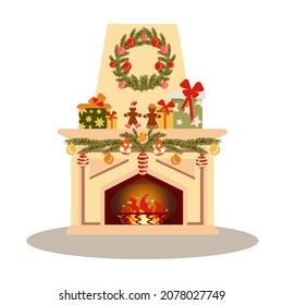 Illustration burning firewood on xmas isolated on white background.  Happy new year decoration. christmas fireplace.  Winter holiday and xmas celebration. Vector illustration flat cartoon style