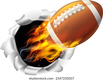 An illustration of a burning flaming American Football ball on fire tearing a hole in the background