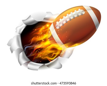 An illustration of a burning flaming American Football ball on fire tearing a hole in the background