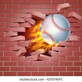 An illustration of a burning flaming Baseball ball on fire tearing a hole through a brick wall