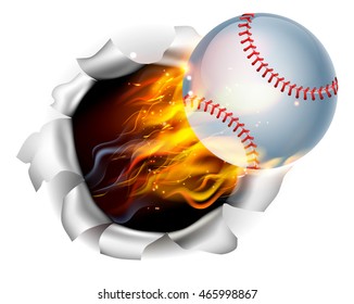 An illustration of a burning flaming Baseball ball on fire tearing a hole in the background