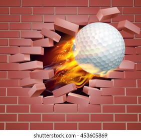 An illustration of a burning flaming Golf ball on fire tearing a hole through a brick wall