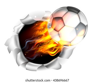 An illustration of a burning flaming Soccer Football ball on fire tearing a hole in the background