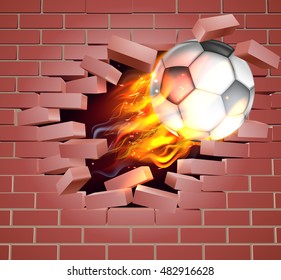 An illustration of a burning flaming Soccer Football ball on fire tearing a hole through a brick wall
