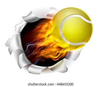 An illustration of a burning flaming tennis ball on fire tearing a hole in the background