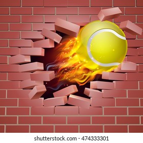 An illustration of a burning flaming Tennis ball on fire tearing a hole through a brick wall