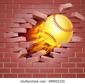 An illustration of a burning flaming yellow Softball ball on fire tearing a hole through a brick wall