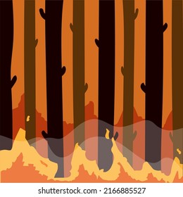 An illustration of burning forest. Wildfire and bush fire concept. Trees in fire and smoke. Pray for California. Banner, brochure, poster template. Natural disaster.
