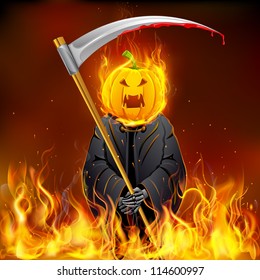 illustration of burning Halloween grim with pumpkin head