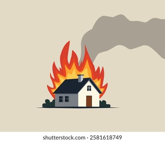 Illustration of a burning house with large flames and thick smoke rising, symbolizing a fire disaster or home security risk.