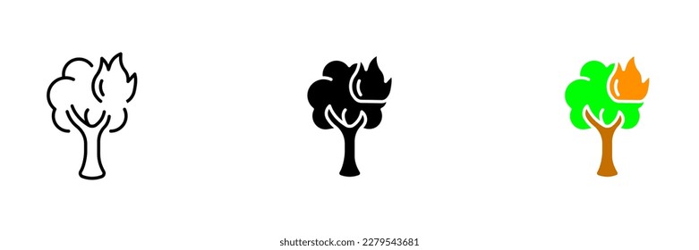 An illustration of a burning tree, representing the destructive force of wildfires and the need for fire prevention measures. Vector set of icons in line, black and colorful styles isolated.