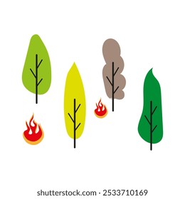 Ilustração da queima de árvores e chamas representando incêndios florestais e danos ambientais.