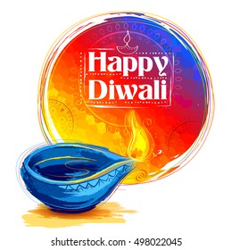 illustration of burning watercolor diya on happy Diwali Holiday background for light festival of India
