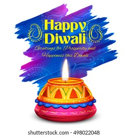 illustration of burning watercolor diya on happy Diwali Holiday background for light festival of India