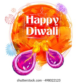 illustration of burning watercolor diya on Happy Diwali Holiday background for light festival of India