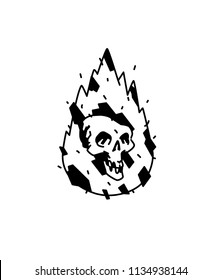 Illustration of a burning white skull. Vector icon. Image is isolated on white background. Burning skull, comic style. A tattoo, a logo for a biker club. Mascot. Emblem, symbol.