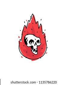 Illustration of a burning white skull. Vector icon. Image is isolated on white background. Burning skull, comic style. A tattoo, a logo for a biker club. Mascot. Emblem, symbol.