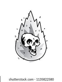 Illustration of a burning white skull. Vector icon. Image is isolated on white background. Burning skull, comic style. A tattoo, a logo for a biker club. Mascot. Emblem, symbol.